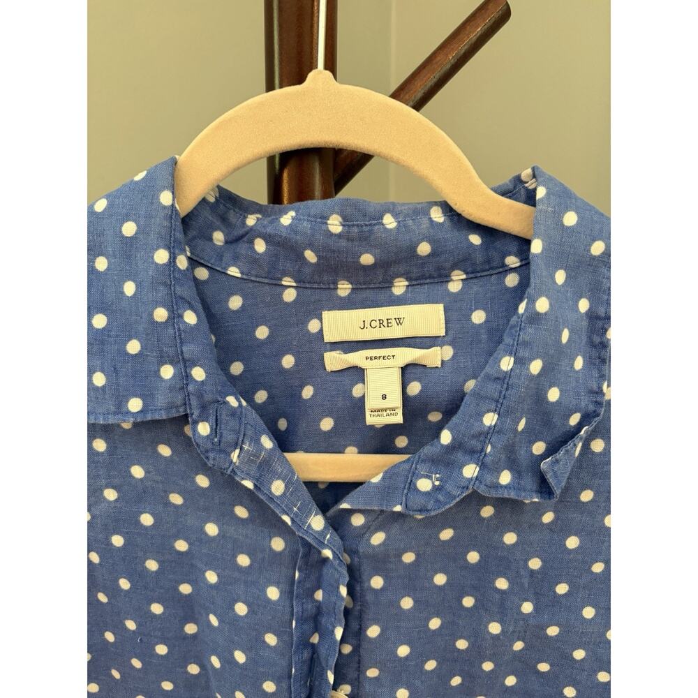 J Crew Linen Women’s Blue And White Polka Dot Button Down Shirt - Picture 2 of 4